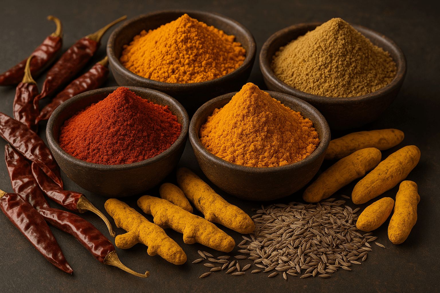 Premium Assortment of Indian Spices - Organic Chilli, Turmeric and Cumin Varieties